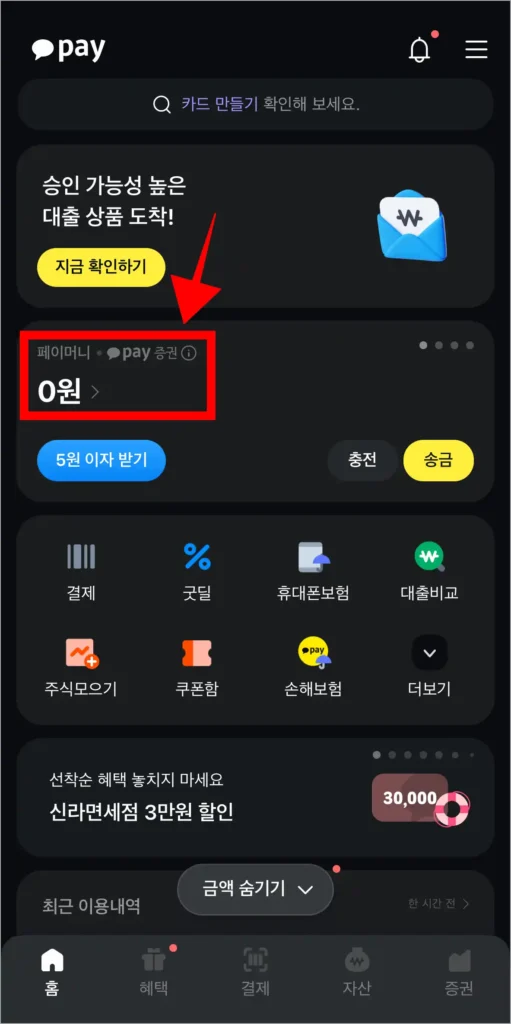 카카오페이에 접속한 후 페이머니를 선택