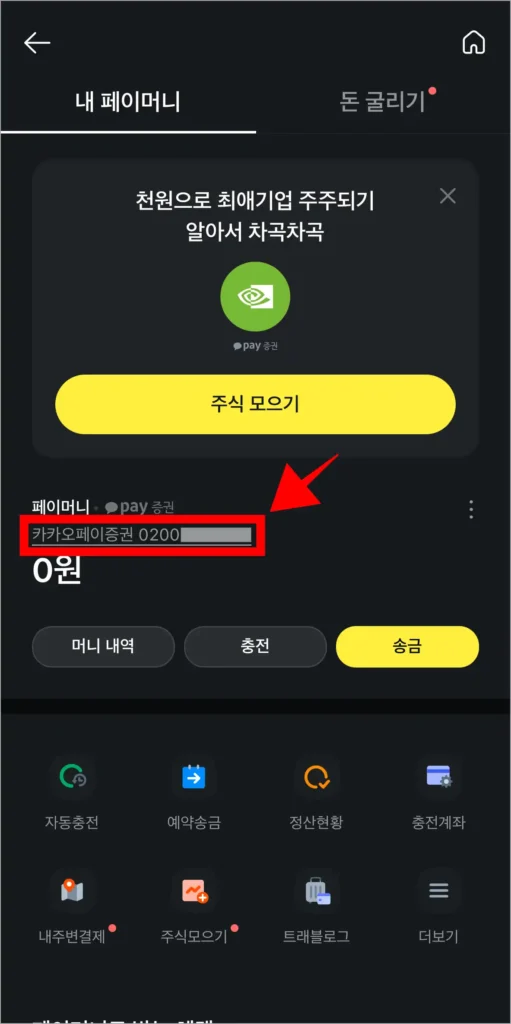 페이머니에 확인되는 카카오페이증권 계좌의 계좌번호를 확인