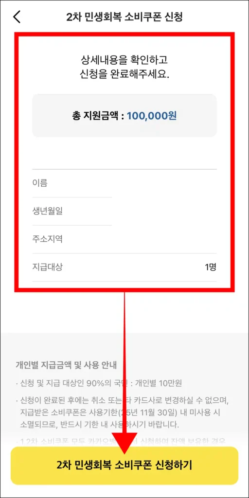 상세내용을 확인하고, '2차 민생회복 소비쿠폰 신청하기'를 선택