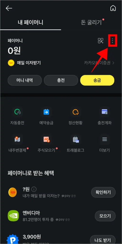 내 페이머니 화면의 [⋮] 버튼을 선택
