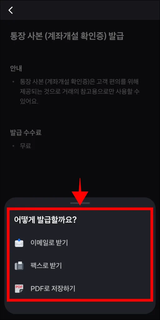이메일, 팩스, PDF 중 발급 방법을 선택