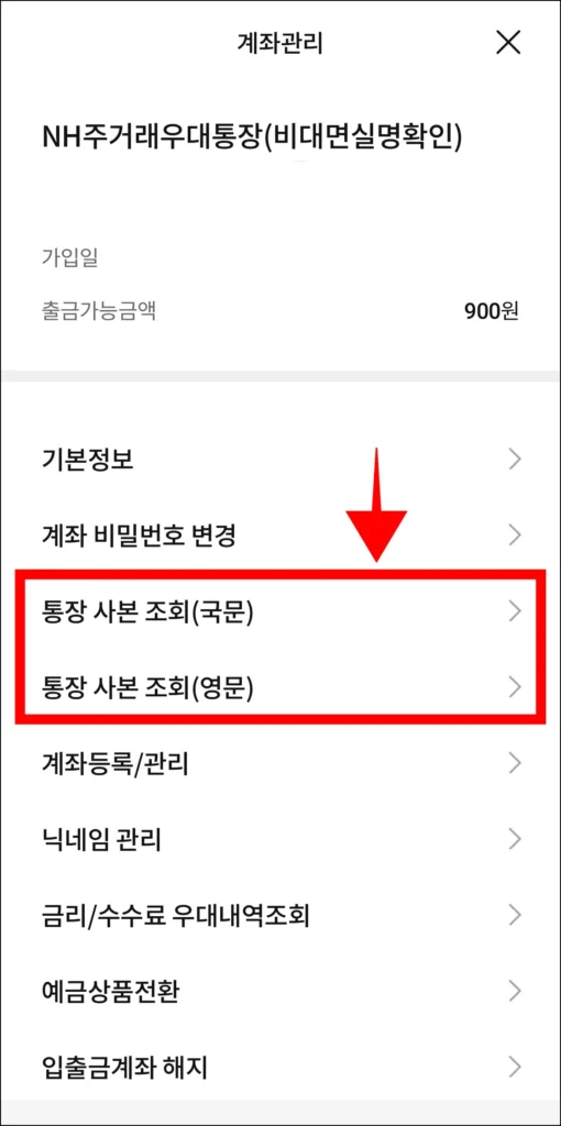 계좌 관리에서 '통장사본 조회(국문/영문)' 메뉴를 선택