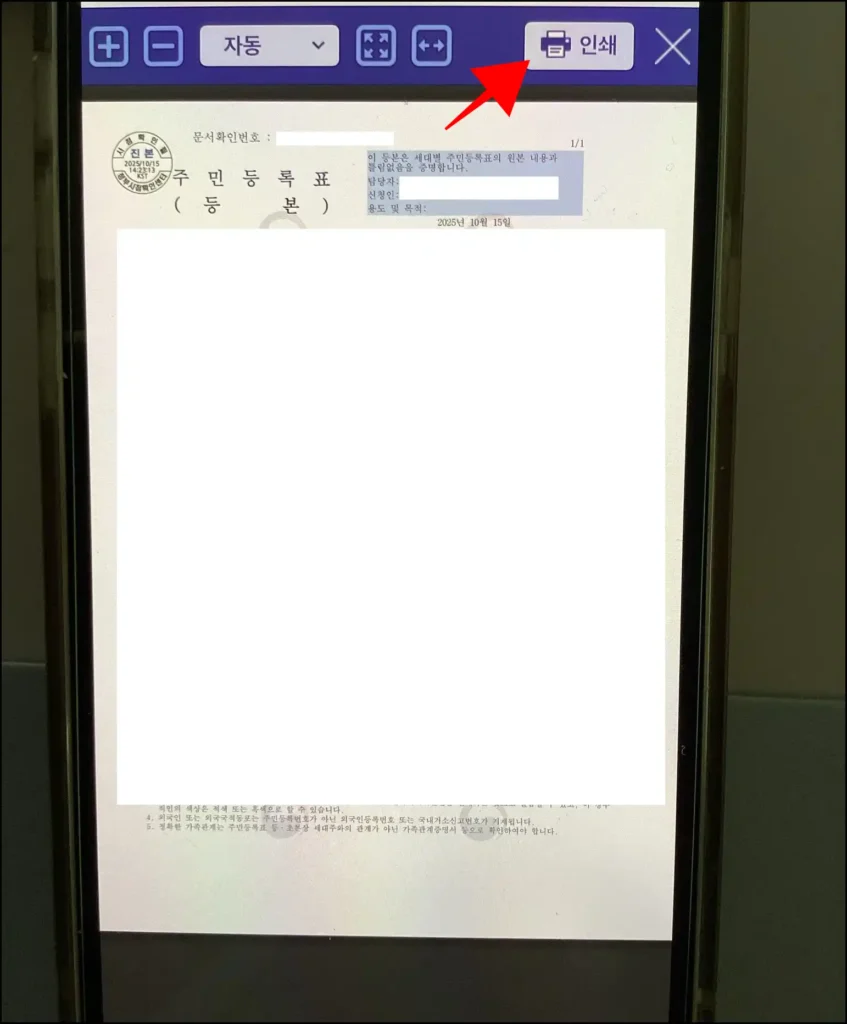 문서 출력 화면의 '인쇄' 버튼을 선택