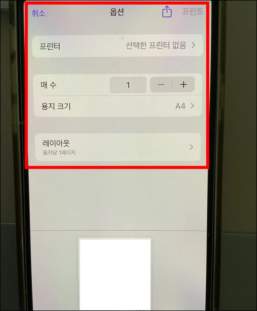 옵션 설정 후 프린트 진행