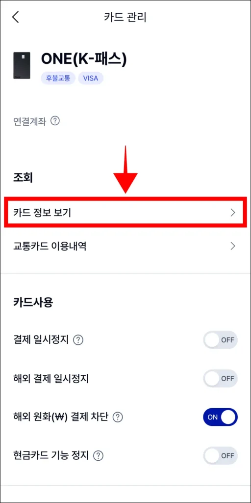 카드 관리 메뉴 중 '카드 정보 보기'를 선택