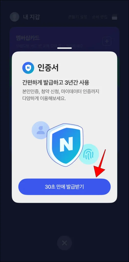 인증서 안내의 '30초 만에 발급받기'를 선택