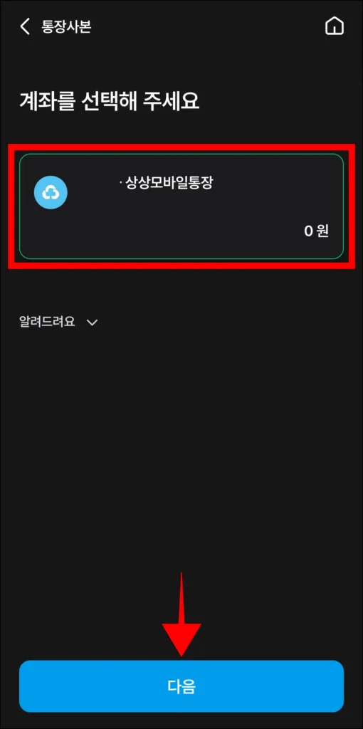 계좌를 선택하고, 다음을 선택