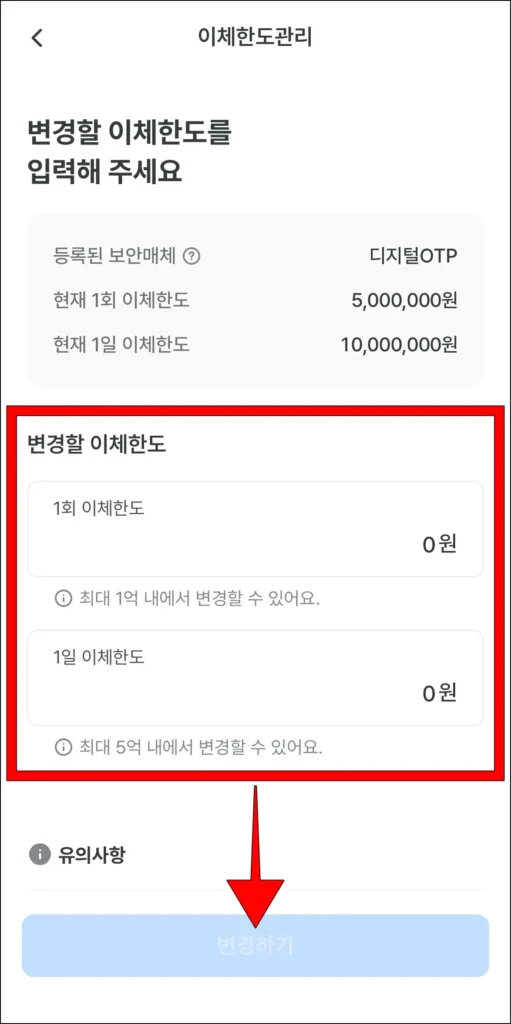 변경할 이체한도를 입력한 후 '변경하기'를 선택