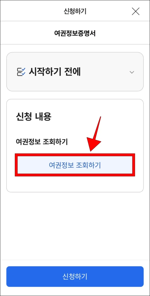여권정보증명서 신청 내용의 '여권 정보 조회하기' 선택