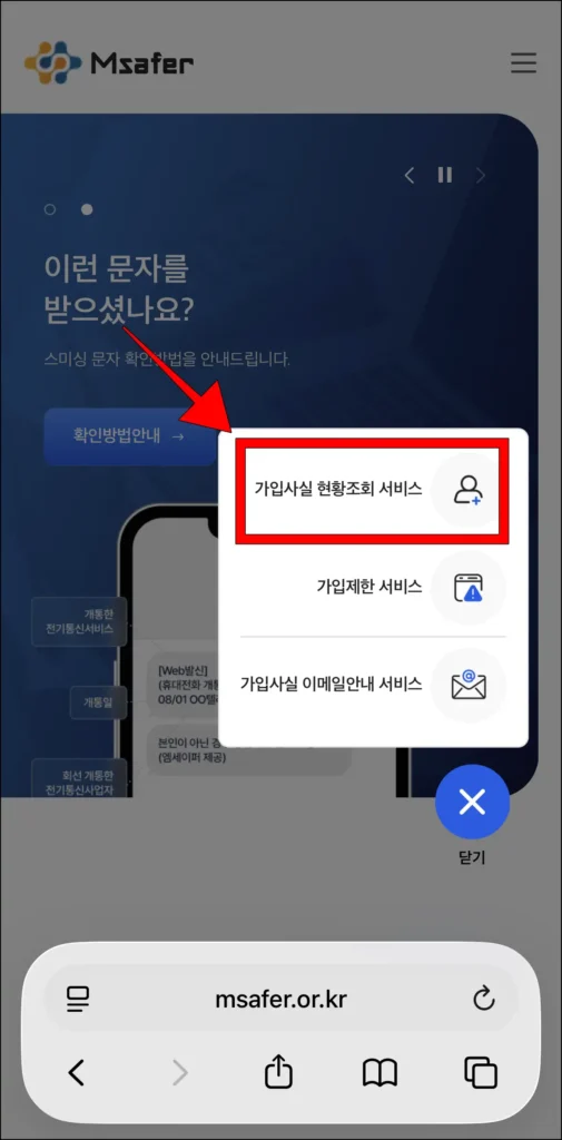 서비스 종류 중 '가입사실 현황조회 서비스'를 선택