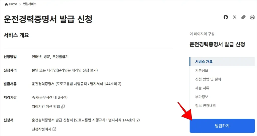 서비스 개요 확인 후, '발급하기' 선택