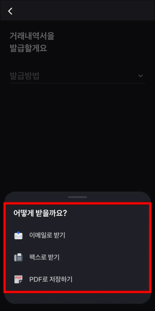 이메일, 팩스, PDF 중 발급받을 방법 선택
