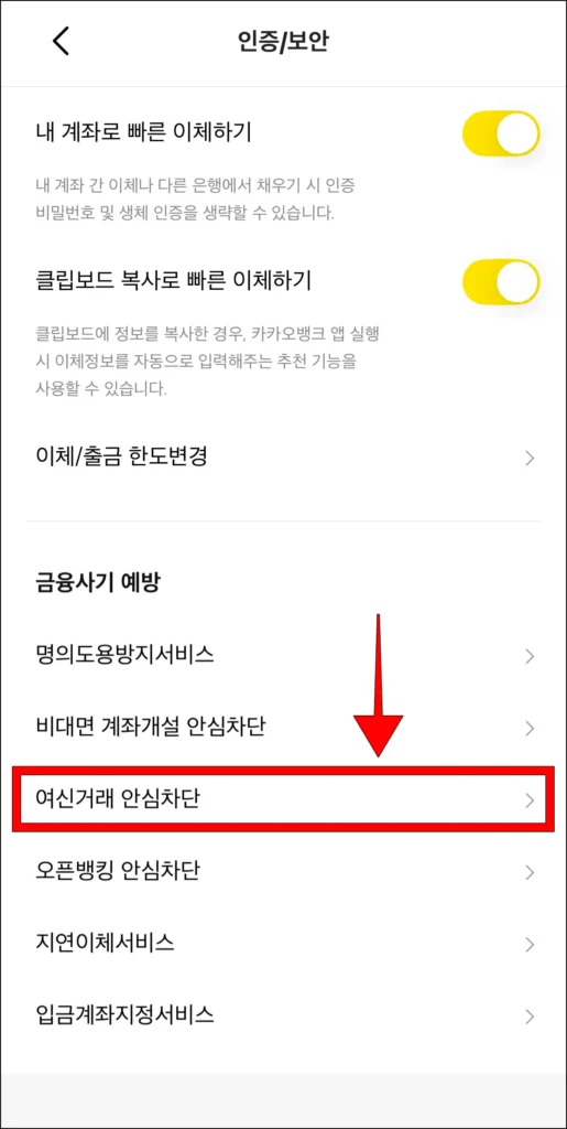 인증/보안 메뉴 중 '여신거래 안심차단' 선택