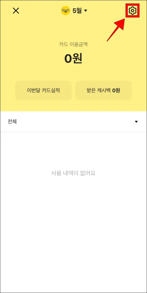 카드 이용내역 화면 오른쪽 상단의 톱니바퀴 버튼을 선택