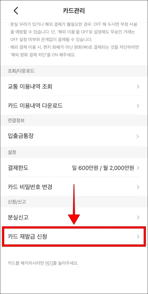 카드 관리 메뉴 중 '카드 재발급 신청'을 선택