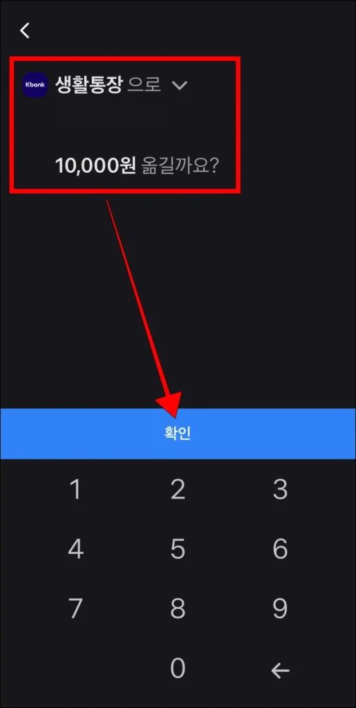 계좌와 금액 입력 후 '확인' 선택