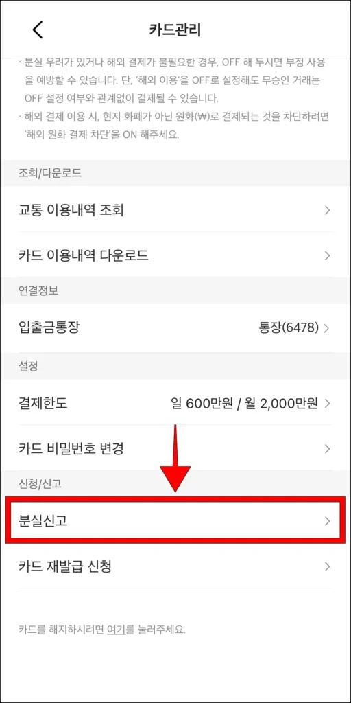 카드 관리 메뉴 중 '분실신고' 선택