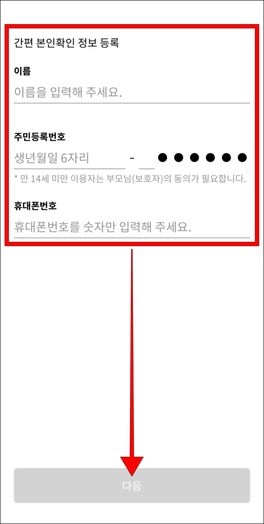간편 본인확인 정보 입력 후 '다음' 선택