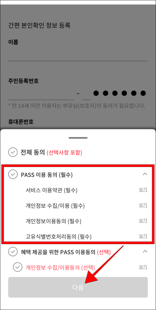 PASS 이용 동의 후 '다음' 선택